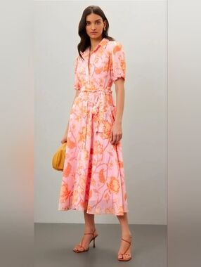 Derek Lam Pink and Orange Floral Midi Shirt Dress